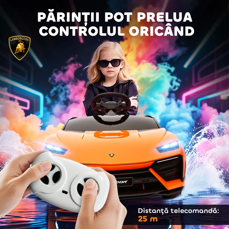 AIYAPLAY Mașinuță electrică pentru copii cu licență Lamborghini, claxon și telecomandă, 101,5x49x43 cm, portocaliu