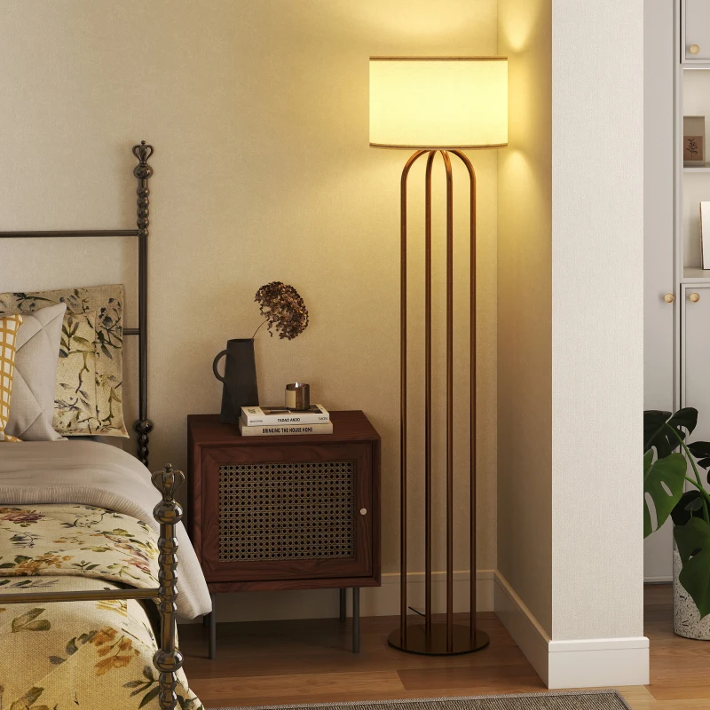 HOMCOM Lampadar pentru living, lampadar cu abajur din in și comutator de picior, Ø 38 x 161 cm, auriu și bej