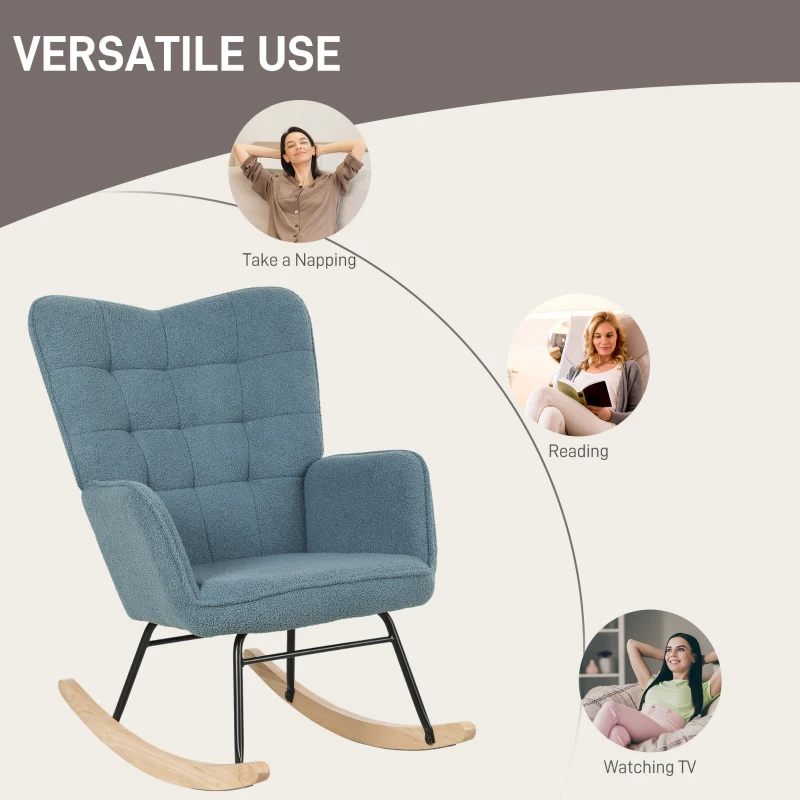 HOMCOM Fotel bujany, bujak z imitacją wełny owczej, podłokietnikami i wysokim oparciem, nowoczesny fotel relaksacyjny do salonu i sypialni, do 120 kg, jasnoniebieski
