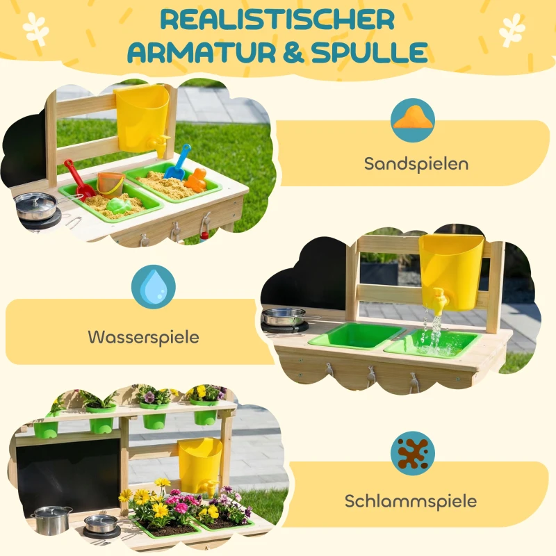AIYAPLAY Matschküche Kinder Outdoor, Spielküche aus Holz mit Spüle Herd Pflanztöpfen Tafel für 3-6 Jahre 77x32x95 cm Naturholz