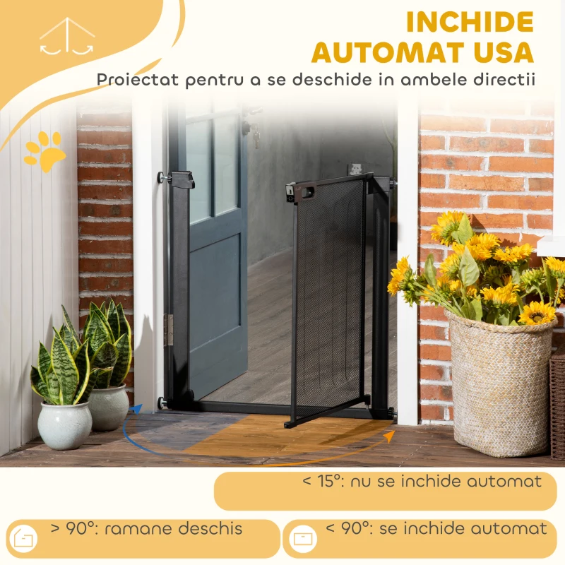 PawHut Poartă Extensibilă pentru Câini cu Presiune, Închidere Automată, Oțel și ABS, 75-82x76 cm, Neagră