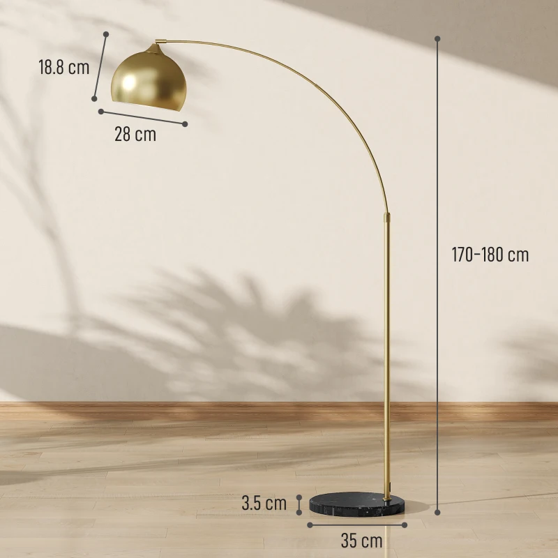 HOMCOM Lampadar lampă de living arc reglabil bază marmură stil vintage 40W E27 dim. 100-115L x 30l x 170-180H cm auriu