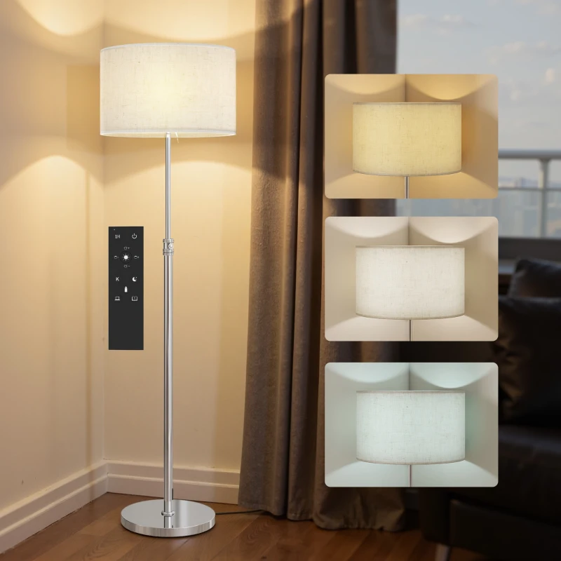 HOMCOM Floor Lamp with Remote, Height Adjustable Standing Lamp with Linen Shade, Dimmable with 3000K-6000K Adjustable Colour Temperatures, Foot Switch for Living Room Bedroom Office, Silver Tone