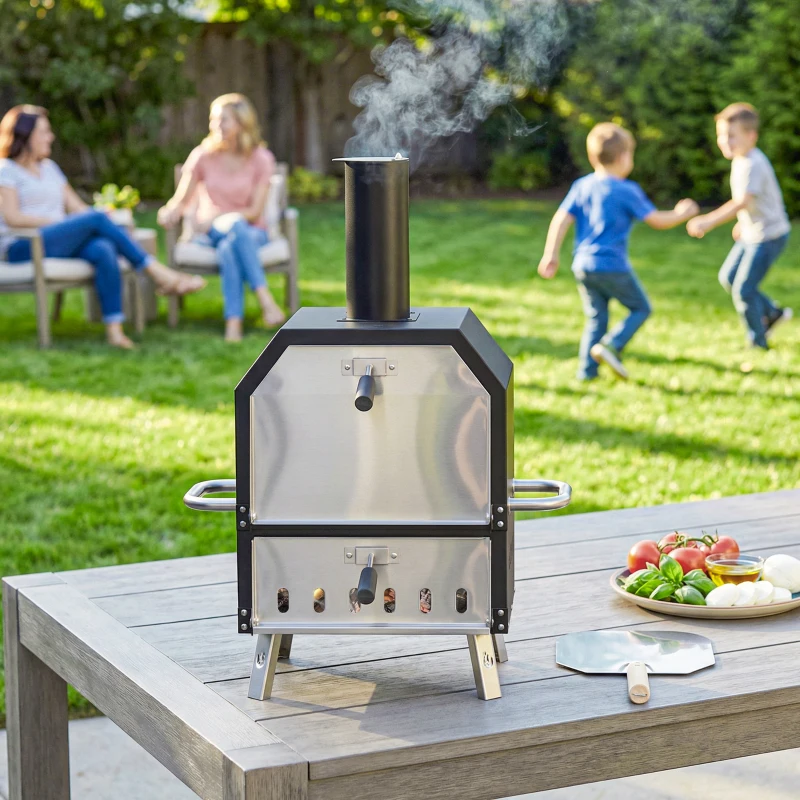 Outsunny Buiten Pizzaoven Houtgestookte Oven Roestvrij Staal 2 Lagen Met 1 cm Dikke Pizzasteen Inklapbare Poten