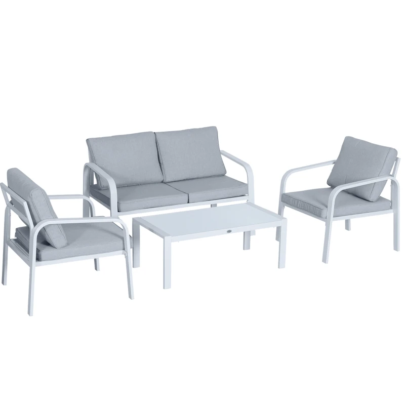 Outsunny Ensemble Salon de Jardin 4 Personnes - canapé 2 Places 2 fauteuils Table Basse - Coussins déperlants déhoussables Gris - Structure alu. Blanc