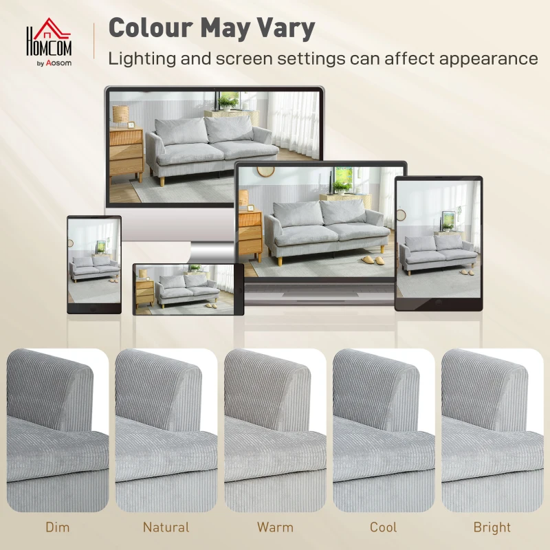 HOMCOM Sofa 3-osobowa, kanapa z podłokietnikami, tapicerowana sztruksowa sofa do salonu jasnoszara