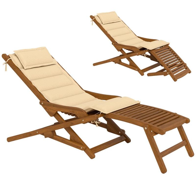 Outsunny Șezlong/Scaun Pliabil din Lemn cu Suport pentru Picioare Detașabil și Pernă cu Suport pentru Cap Capacitate 160 kg 158x61x70 cm Bej
