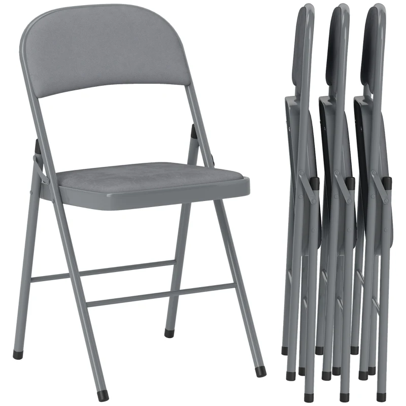 HOMCOM 4 Pack Folding Chairs with Padded Seats, Velvet Portable Party Chairs with Steel Frame, Light Grey