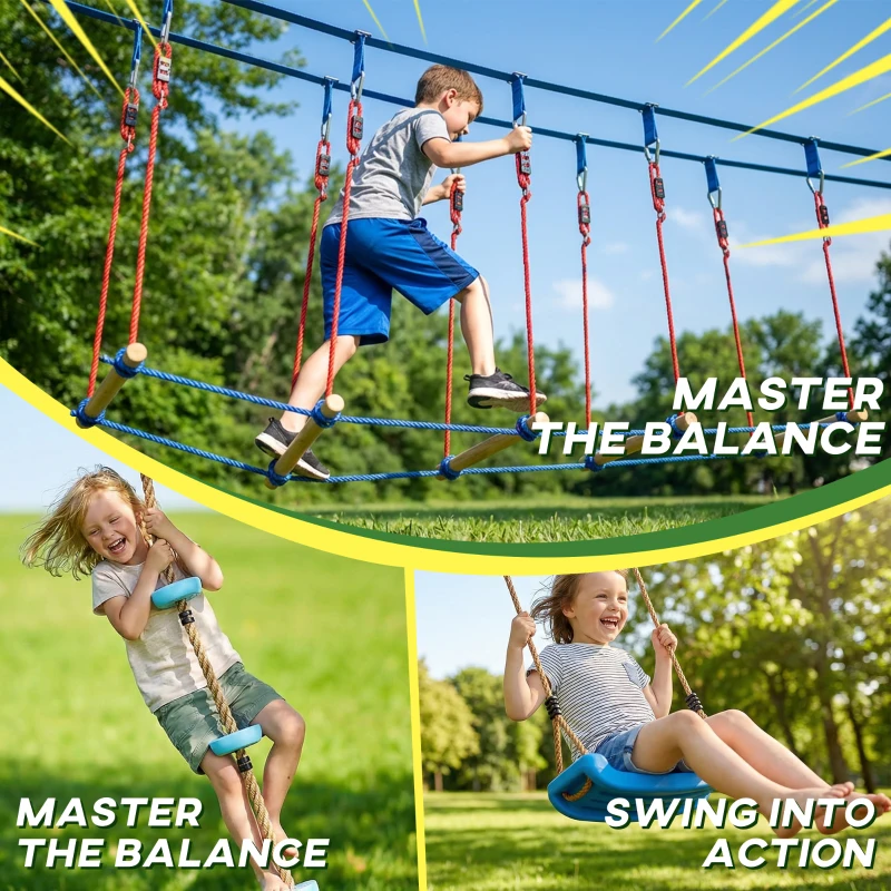 AIYAPLAY Ninja Line dla dzieci, zestaw 24 m Slackline z pierścieniami gimnastycznymi, 7 przeszkodami, mostem do balansowania, dla dzieci w wieku 3-6 lat, czerwony+niebieski