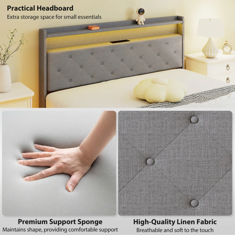 HOMCOM Floating Bed Frame, Upholstered 5ft King Size Bed, Platform Bed with RGB LED Lights and Charging Station, Grey