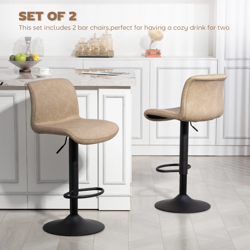 HOMCOM Bar Stools Set of 2, PU Leather Barstools with Backrest and Footrest for Kitchen, Counter, Breakfast Bar, Light Brown