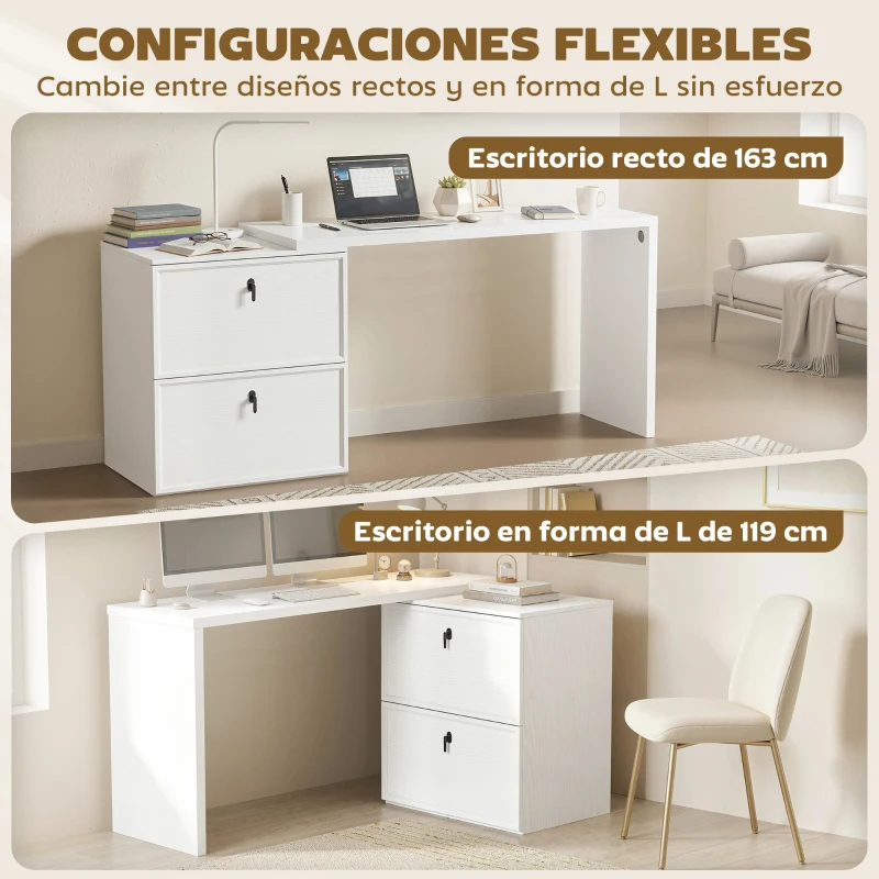 HOMCOM Escritorio Reversible en Forma de L con 2 Cajones Archivadores Diseño Moderno para Espacios Pequeños Oficina Blanco