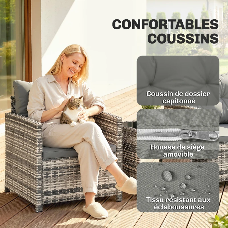 Outsunny Salon de Jardin Extérieur 3 Pièces en Résine Tressée Table et 2 Fauteuils avec Coussins, 62x65x75cm, Gris Clair