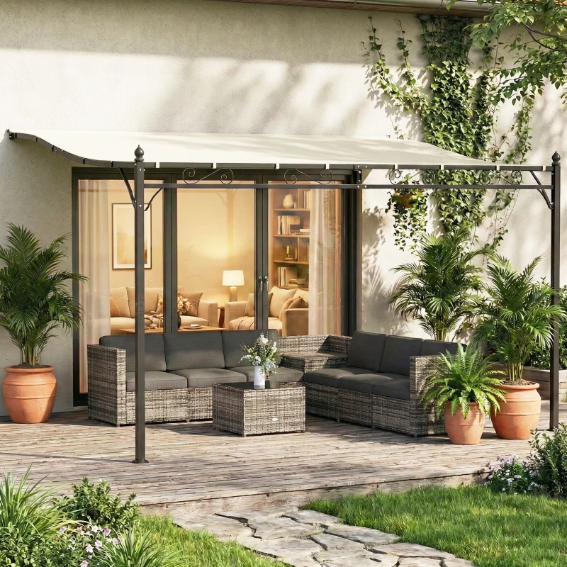 Outsunny Pérgola de Pared 2,5x3,5 m con Techo Inclinado Orificios de Drenaje y Estructura Metálica Blanco Crema