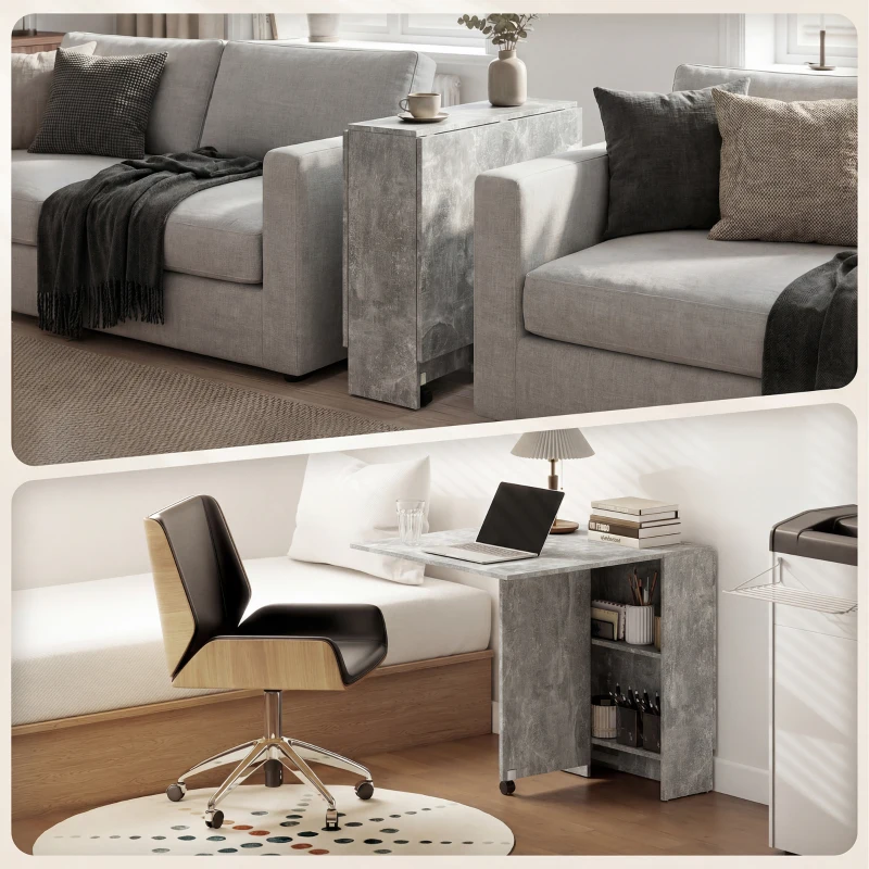 HOMCOM 80-140 cm Folding Dining Table for 4-6 People, Drop Leaf Table with 2-Tier Shelves, Rolling Casters, for Small Spaces, Kitchen, Flat, Dining Room, Cement Grey