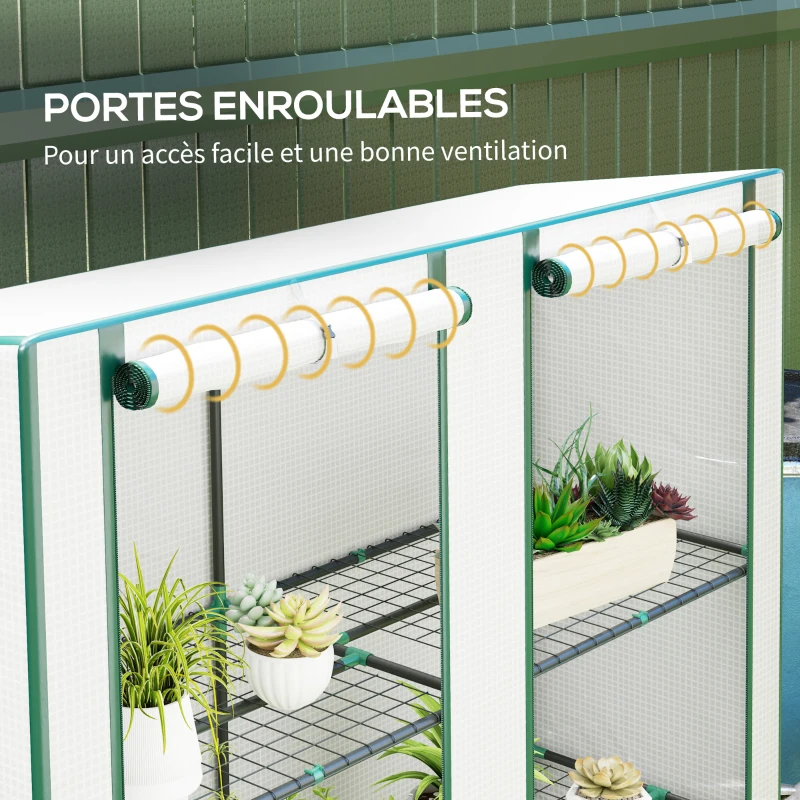 Outsunny Serre de jardin avec étagères métalliques à 3 niveaux serre de balcon couverture PE toit incliné 144 x 48 x 152 cm blanc