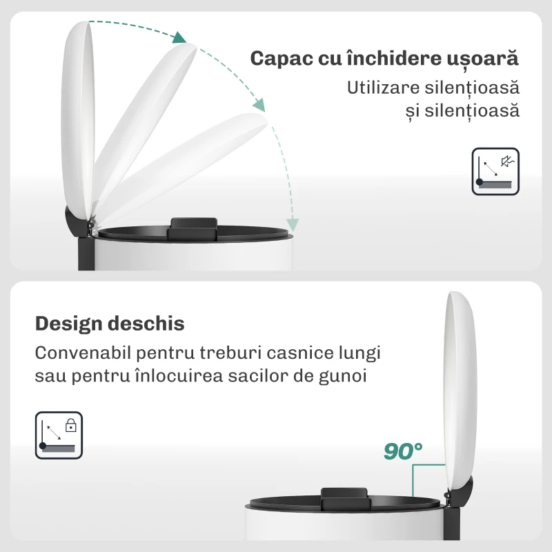 HOMCOM Coș de Gunoi cu Pedală 30L, cu Capac cu Închidere Lentă, din Metal și PP, 36x30x63.5 cm, Alb Crem