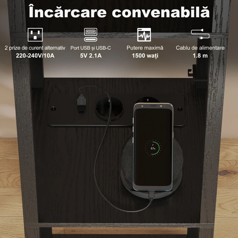 HOMCOM Lampă de Podea LED cu Rafturi, Lampă Modernă cu Comutator Pedală și Porturi USB, Temperatură de Lumină Reglabilă pentru Sufragerie și Dormitor, Negru