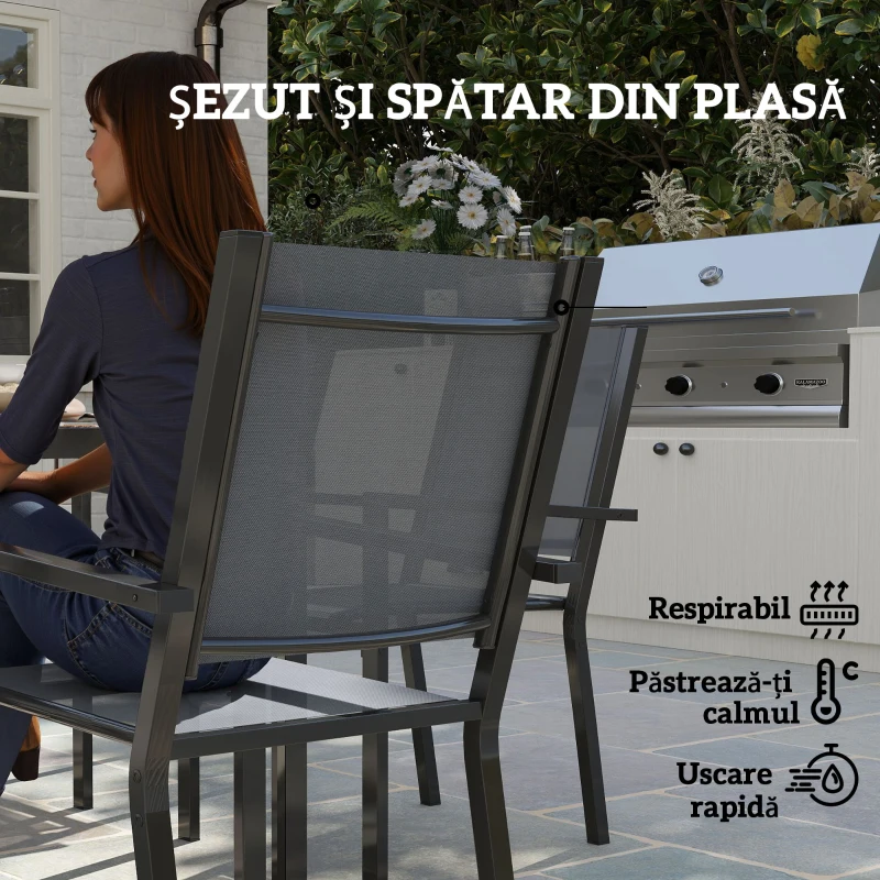 Outsunny Set Masă de Grădină cu Scaune, 7 Piese, Set de Prânz cu Masă cu Blat din Lemn Compozit cu Șipci și 6 Scaune de Exterior Stivuibile, Mobilier din Oțel cu Texteline, Gri și Negru