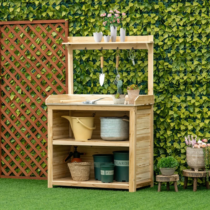 Outsunny Table de rempotage - table de jardinage avec 2 étagères plan de travail métal galvanisé avec rebord - table de plantation bois sapin pré-huilé - 4 crochets