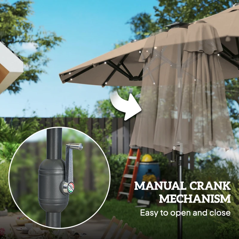 Outsunny Podwójny parasol 292 x 150 cm, parasol z oświetleniem LED, korbka, regulacja kąta, Khaki