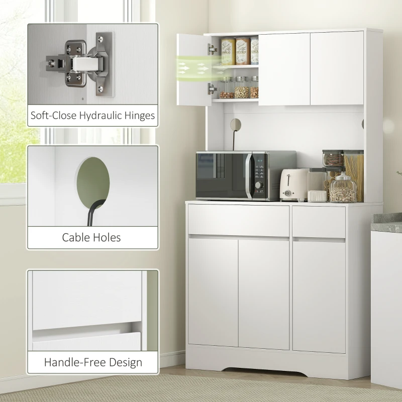 HOMCOM Tall Kitchen Cupboard with Open Countertop, Freestanding 6-Door Kitchen Storage Cabinet with 2 Drawers, Adjustable Shelves and 2 Cable Holes for Dining Room, White