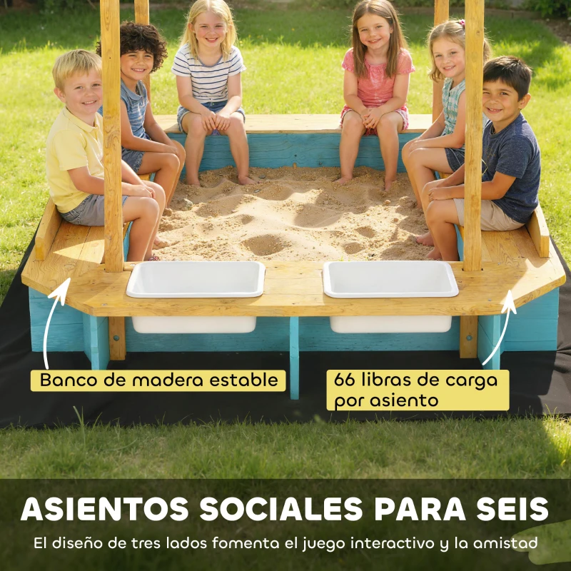 AIYAPLAY Arenero para Niños de Madera con Techo 3 Bancos 2 Cajas de PP Forro para Niños de 3-6 Años 128x118x121 cm Azul