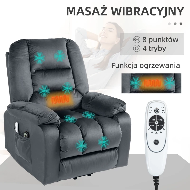 HOMCOM Fotel Masażowy z Pomocą Przy Wstawaniu dla Seniorów, 8 Punktów Masażu, 2 Boczne Kieszenie, 85 cm x 94 cm x 107 cm, Szary(m-5)