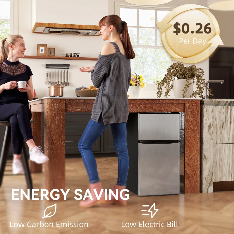 HOMCOM 88L Under Counter Fridge Freezer, Small Refrigerator with 5-Setting, 3 Star Freezer Rating, Black and Silver Tone