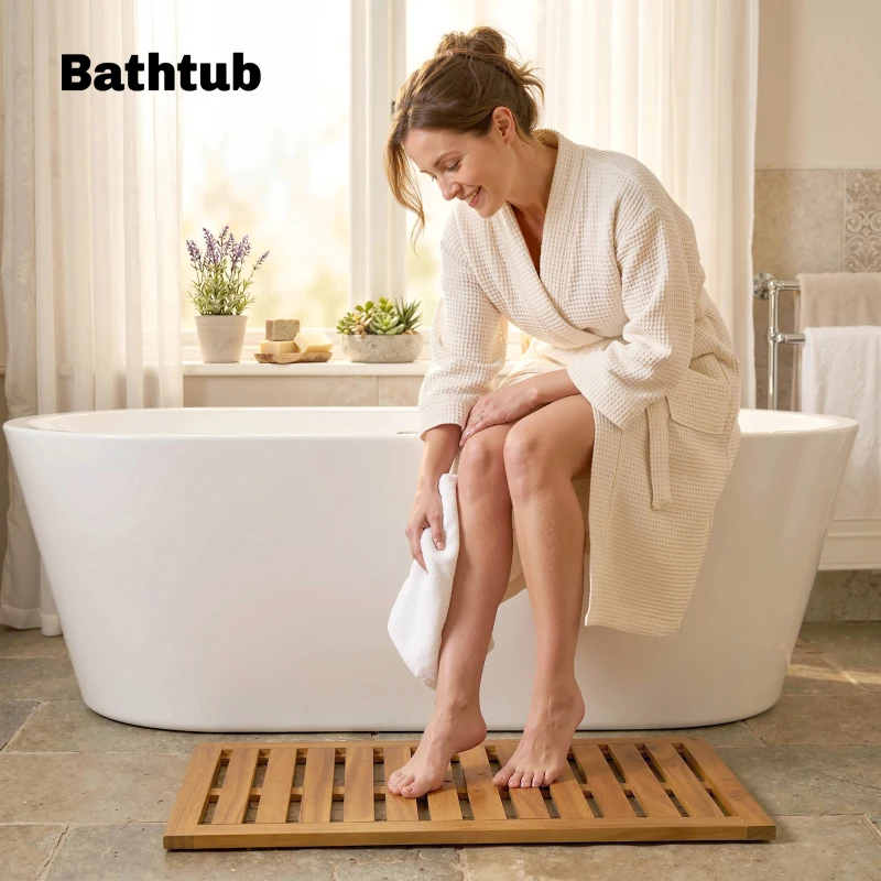 Outsunny Tapis de douche en bois d'acacia 91x51 cm Tapis antidérapant pour salle de bain, spa ou piscine naturel