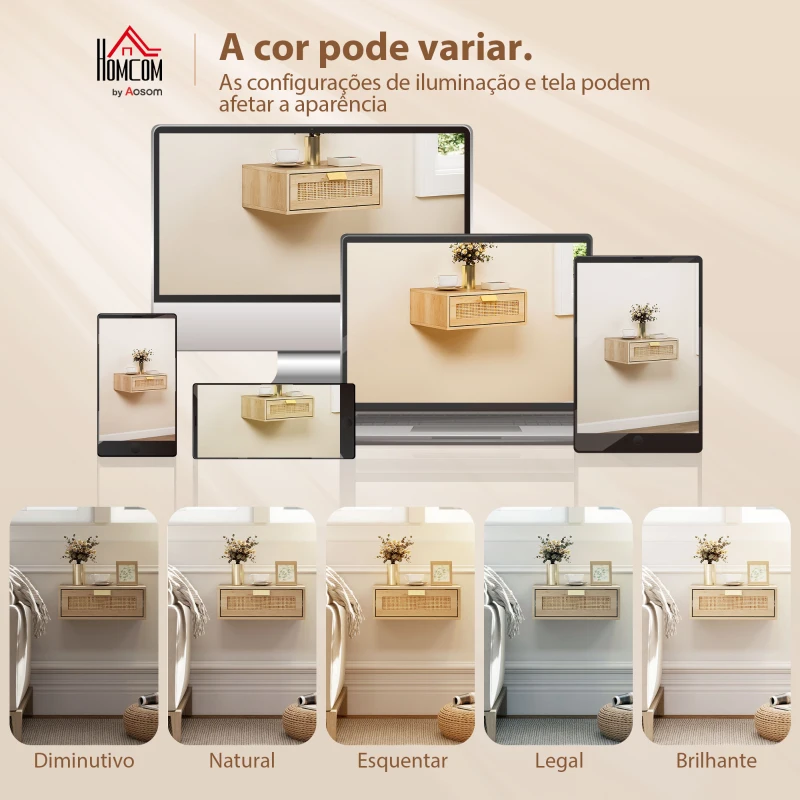 HOMCOM Conjunto de 2 Mesas de Cabeceira Flutuantes com Gaveta de Vime Poupa Espaço Design Moderno 40x30x15 cm Carvalho