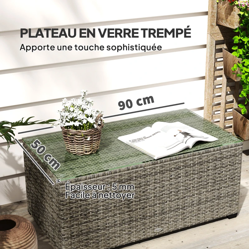 Outsunny Table basse de jardin, table d'appoint en résine tressée avec plateau en verre trempé, 90 x 50 x 38 cm, gris foncé