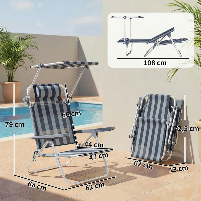 Outsunny Jeu de 2 chaises de plage pliantes avec pare-soleil réglable dossier inclinable 6 positions appuie-tête Bleu et Blanc