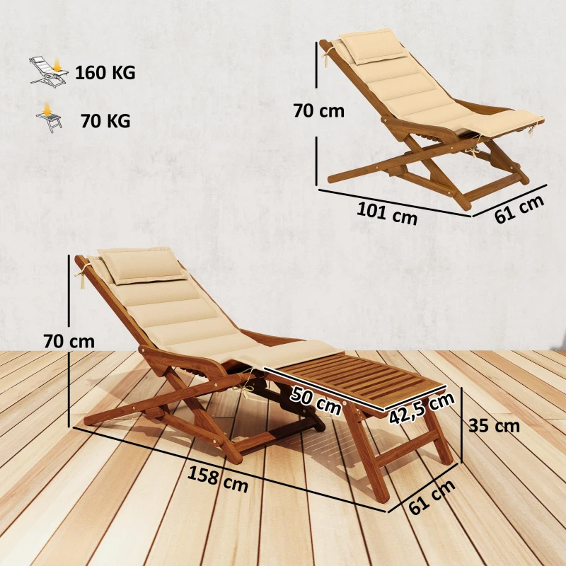 Outsunny Klappbare Holzliege mit abnehmbarem Fußteil und Kissen mit Nackenstütze Belastbarkeit 160 kg 158x61x70 cm Beige