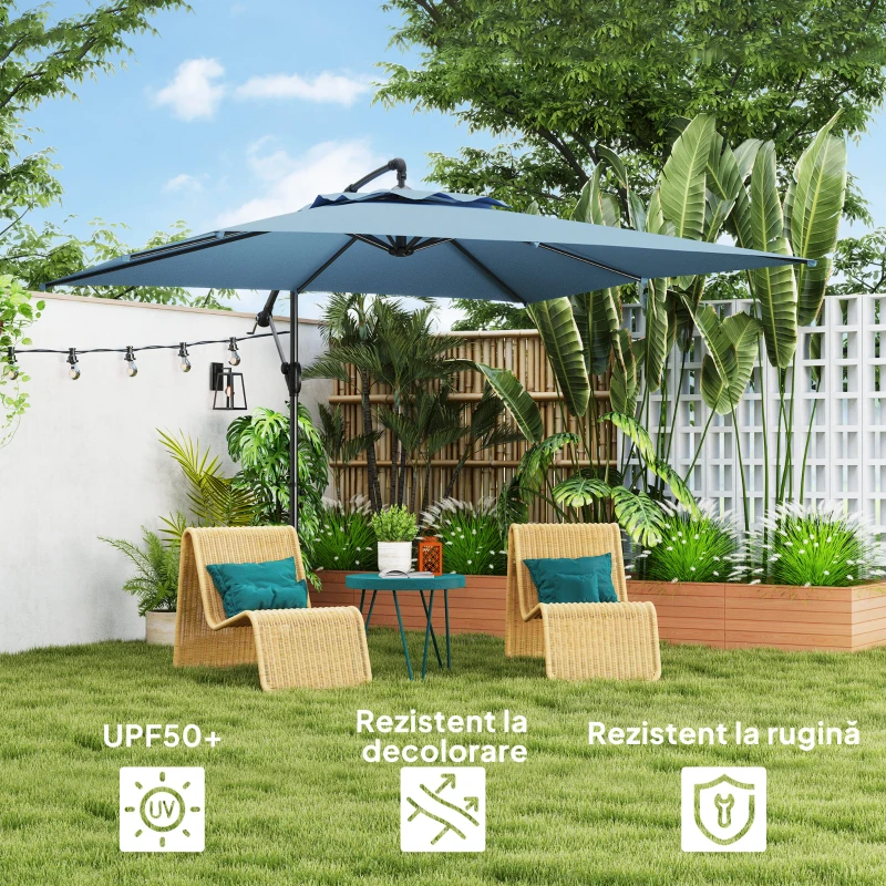 Outsunny Umbrelă de Soare Suspendată cu Rotire la 360°, Mâner cu Manivelă și Înclinare, 300x325x230 cm, Kaki