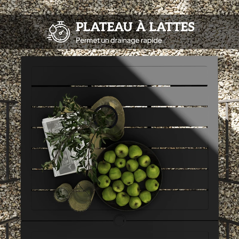 Outsunny Table de jardin pour 4 à 6 personnes, table à manger extérieure trou pour parasol plateau à lattes 150 x 90 x 73 cm noir