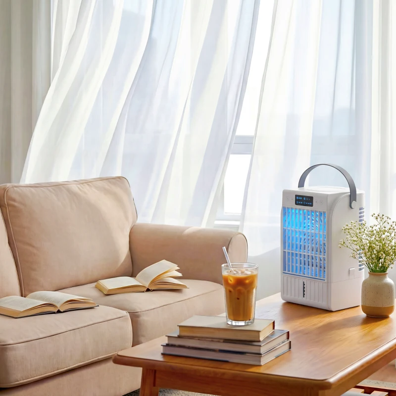 HOMCOM Mini Ar Condicionado 4 em 1 com 4 Velocidades, 2 Modos de Nebulização e Luz LED RGB de 7 Cores Branco