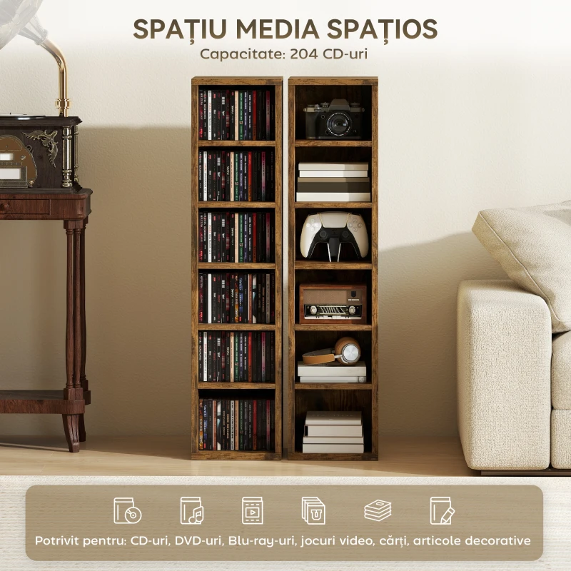 HOMCOM Set 2 Rafturi pentru CD-uri cu Polițe Reglabile pentru 204 CD-uri din Lemn, 21x22,5x88,5 cm, Maro Rustic