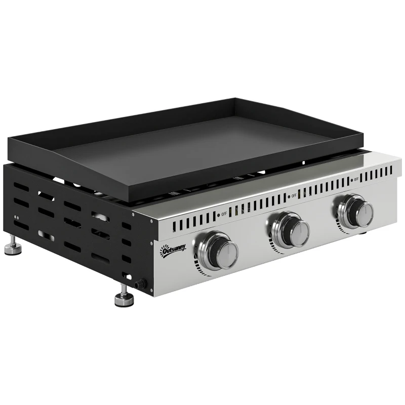 Outsunny Plancha gaz 9 kW 3 brûleurs en acier inoxydable, surface cuisson 56,5 x 33 cm, bac de récupération des graisses, noir