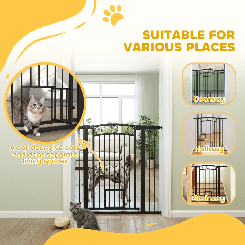 PawHut 106 cm Wysoka Bramka dla Zwierząt z Regulowaną Szerokością, Wbudowane Drzwiczki dla Kota, dla Schodów i Drzwiowych Ram, Czarna