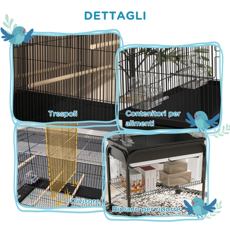 PawHut Gabbia per Uccelli da Interno con Vassoio, Ripiano e Ruote con Freno, 85x49x119 cm, Nero