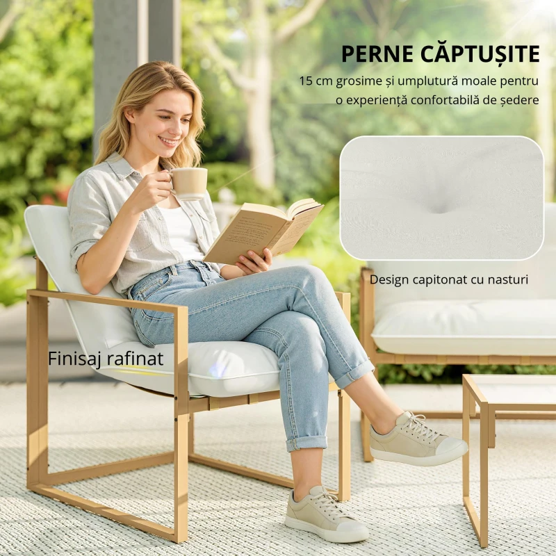 Set mobilier pentru grădină 4 piese Outsunny, set pentru terasă cu masă cu blat din sticlă securizată, canapea, 2 fotolii, Alb