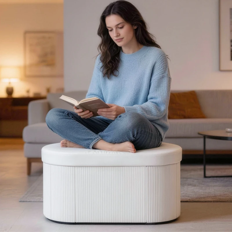 Taburet cu Spațiu de Depozitare Pliabil HOMCOM, Bancă Modernă Tapițată cu Catifea, Suport pentru Picioare cu Compartiment de 72L pentru Sufragerie și Dormitor, 76x38x35 cm, Crem