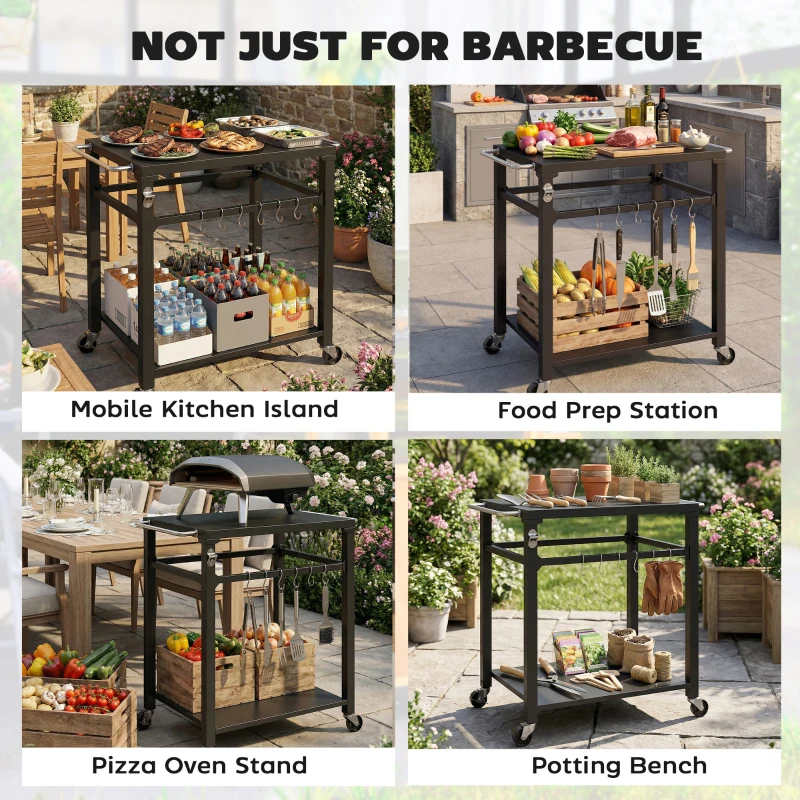 Outsunny Outdoorowy wózek grillowy, Stojak na piec do pizzy z metalową powierzchnią, 2-poziomowa mobilna stacja kuchennych z haczykami i uchwytami, Czarny
