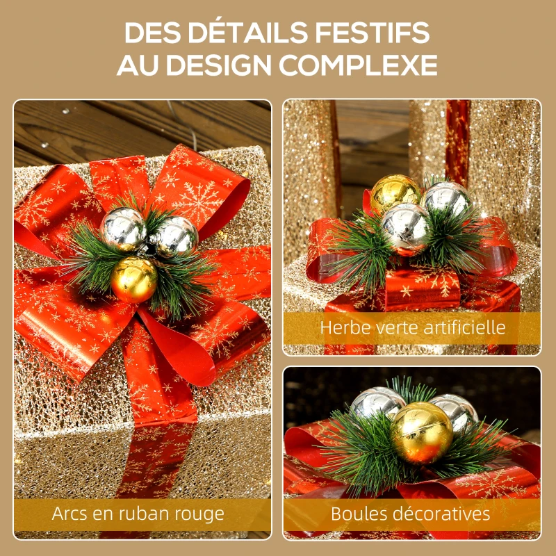 Outsunny Cutii-cadou Crăciun luminoase decorațiuni de Crăciun cu fundă 58 lumini set de 3 cutii-cadou cu LED auriu