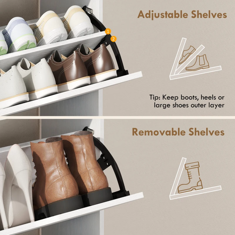 HOMCOM Szafka na buty z 2 klapami, uchylna szafka z regulowanymi przegrodami, otwartą półką na 12 par butów 89 x 25 x 92 cm biała