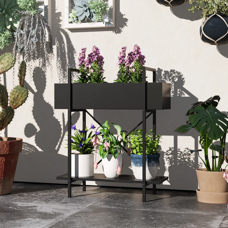 Outsunny Suport plante interior 2 niveluri, suport pentru plante cu orificii de drenaj, tavă superioară, metal, 60 x 25 x 70 cm negru