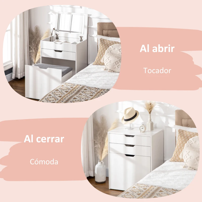 HOMCOM Tocador de Maquillaje con Taburete Oculto Espejo Abatible Cajón y 7 Compartimentos Taburete con Almacenamiento Blanco