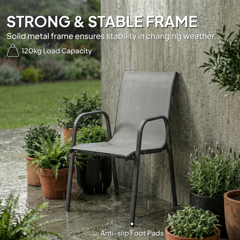 Outsunny Krzesła Ogrodowe 4 szt. – Sztaplowane Krzesła Tarasowe z Oddychającym Oparciem i Podłokietnikami, Maks. Obciążenie 120 kg