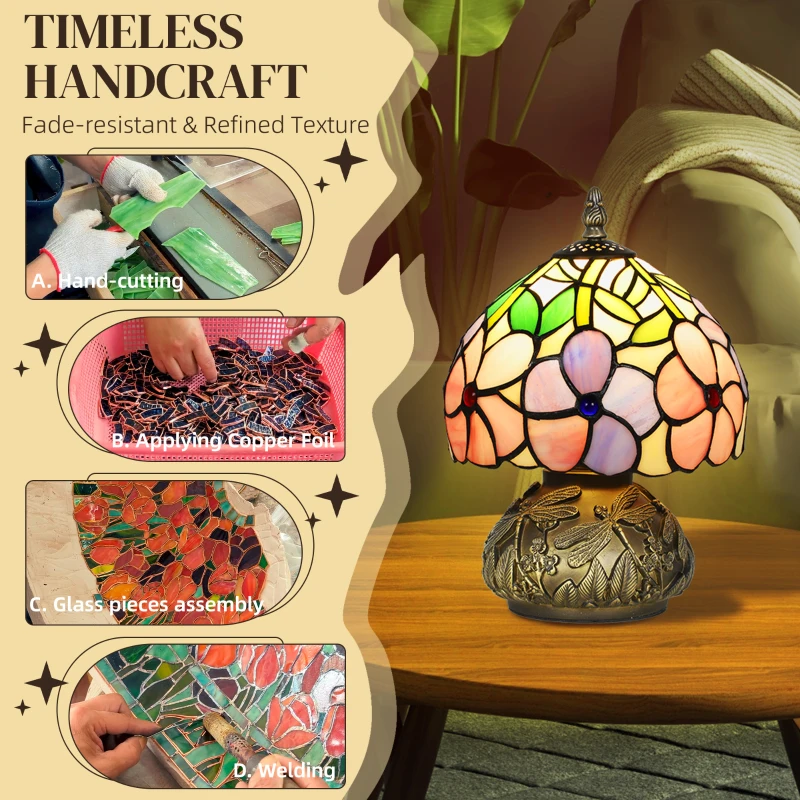 HOMCOM Tiffany-Style Table Lamp with Sculpted Dragonfly Base, Handcrafted Antique Stained Glass Bedside Lamp for Living Room and Bedroom, E27 Socket, Pink